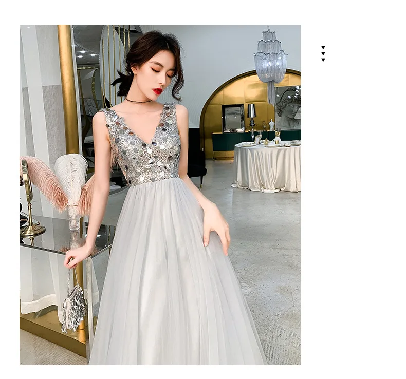 Robe De Soiree сексуальное платье с v-образным воротом, платье трапециевидной формы без рукавов, с блестками вечерние платья Длинные Новое поступление Свадебные Вечерние платья ES3001