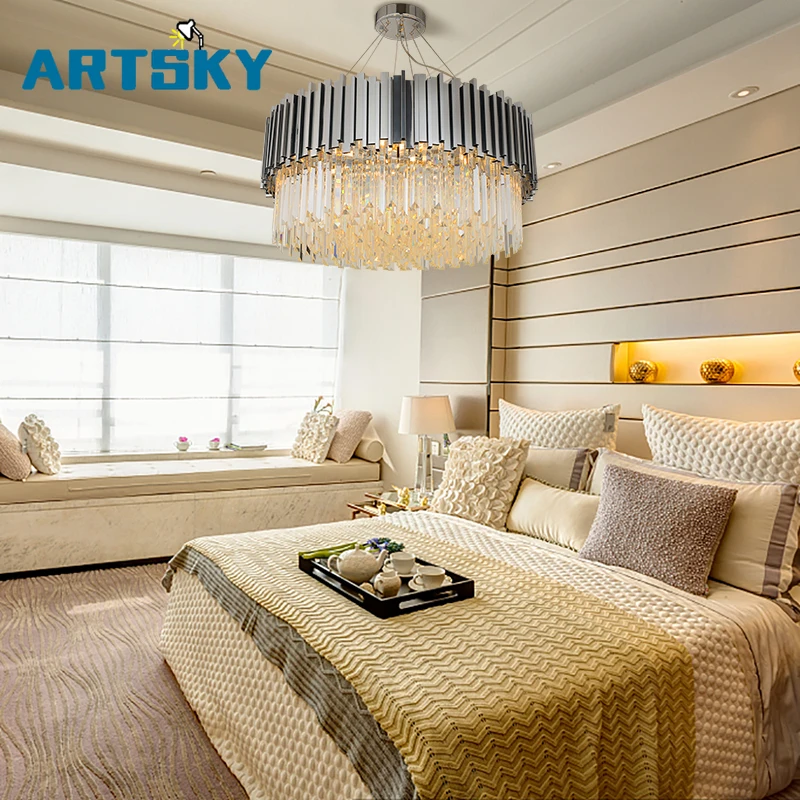 

Modern Round Chrome-plated LED Crystal Silver Chandelier Lighting In The Living Room Hotel Lobby Luxury Lamp
