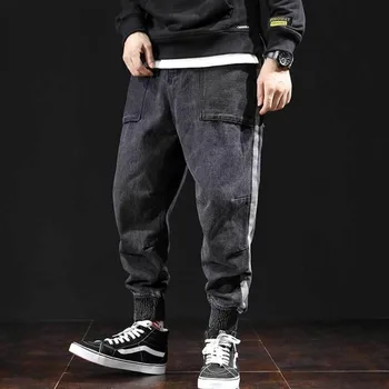 

#1444 Biker Jeans Size 40 42 Black Men Jeans Jogger Pencil Harem Jeans Big Size Loose High Street Fashion Mens Jeans Side Stripe