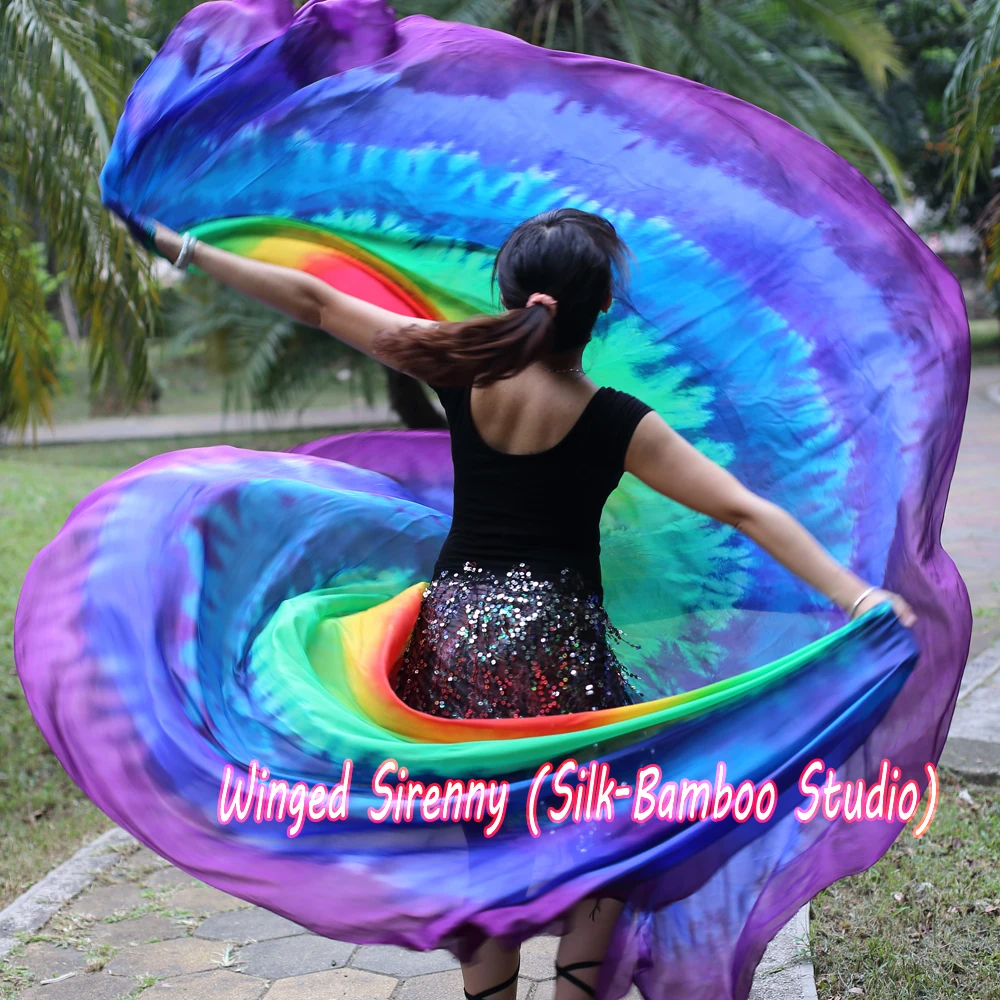 rainbow 1 PIECE 2.7m*1.14m(3 yard*45") tie-dye 6mm habotai real silk belly dance half circle veil. | Тематическая одежда и