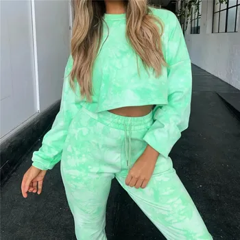 

2020 New Women 2 Pieces Set Casual Streetwear Suit Tie-Dye Tracksuit O Neck Long Sleeve Crop Top + Long Trousers Autumn Clothes