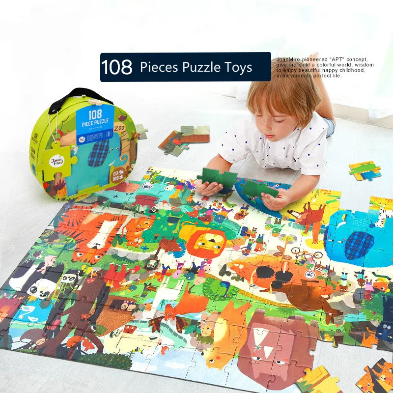 108 штук, большие игрушки-головоломки, портативная Подарочная коробка, Детские Обучающие Игрушки для раннего развития, бумажные картинки, цветные познавательные