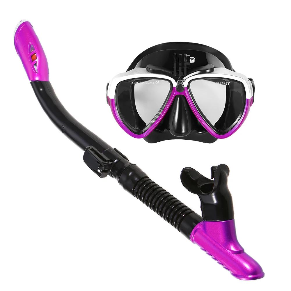 Lixada Professional Diving Mask Scuba Snorkel Swimming Goggles Dry Snorkel Tube Set Anti-fog Diving Goggles Unisex for Camera - Цвет: Фиолетовый
