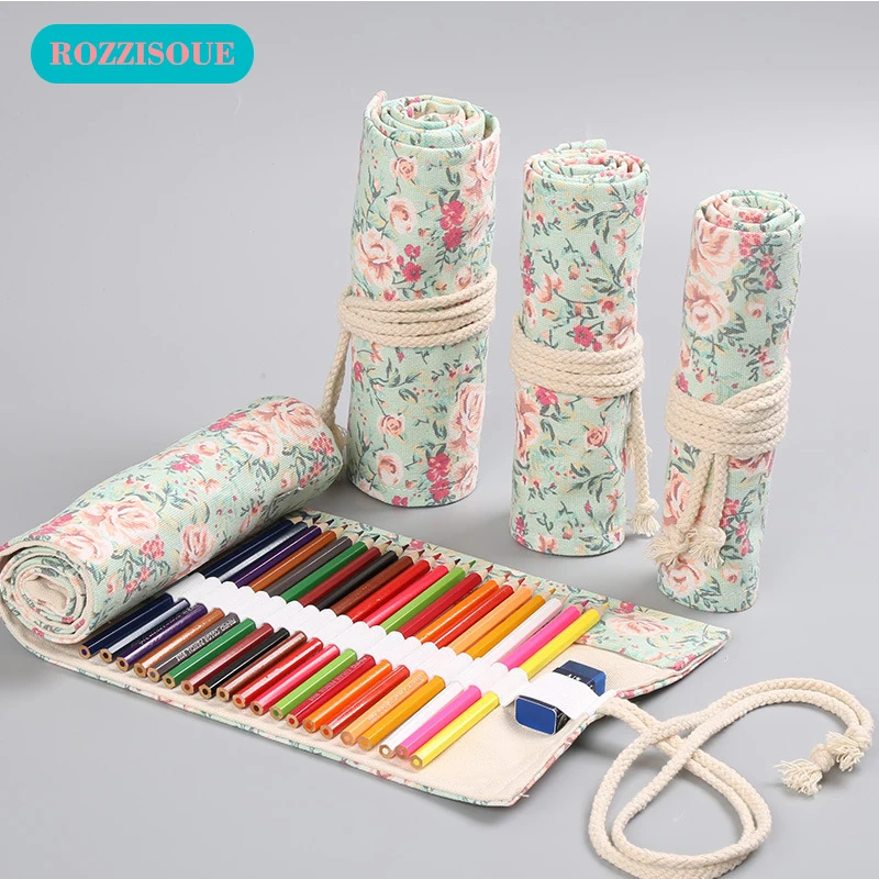 

New 12/24/36/48/72 Holes Unusual Pencil Bags Small floral Canvas Fabric Pencil Roll Soft Pencil Case Toothpaste School Supplies