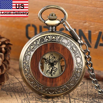 

Vintage Bronze Red Wood Circle Mechanical Pocket Watch Hand Winding Pendant Clock Retro Fashion Accessory Pocket Watches Gifts