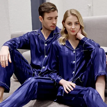 

Satin Striped Lovers Sleepwear Nightwear 2PCS Pajamas Set Kimono Gown Silky Men Nightgown Pyjamas Casual Home Clothes Bathrobe