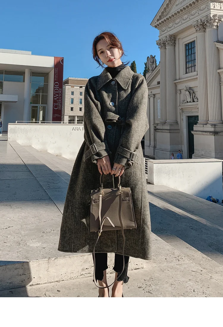 Повседневное клетчатое шерстяное Женское пальто 2019 осень зима куртки корейское длинное толстое шерстяное пальто для женщин с поясом