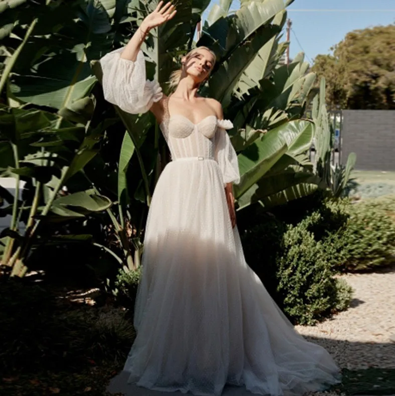 

Свадебные платья в стиле бохо цвета шампанского из тюля со съемными рукавами, пляжные богемные Свадебные платья с сердечком, свадебные платья