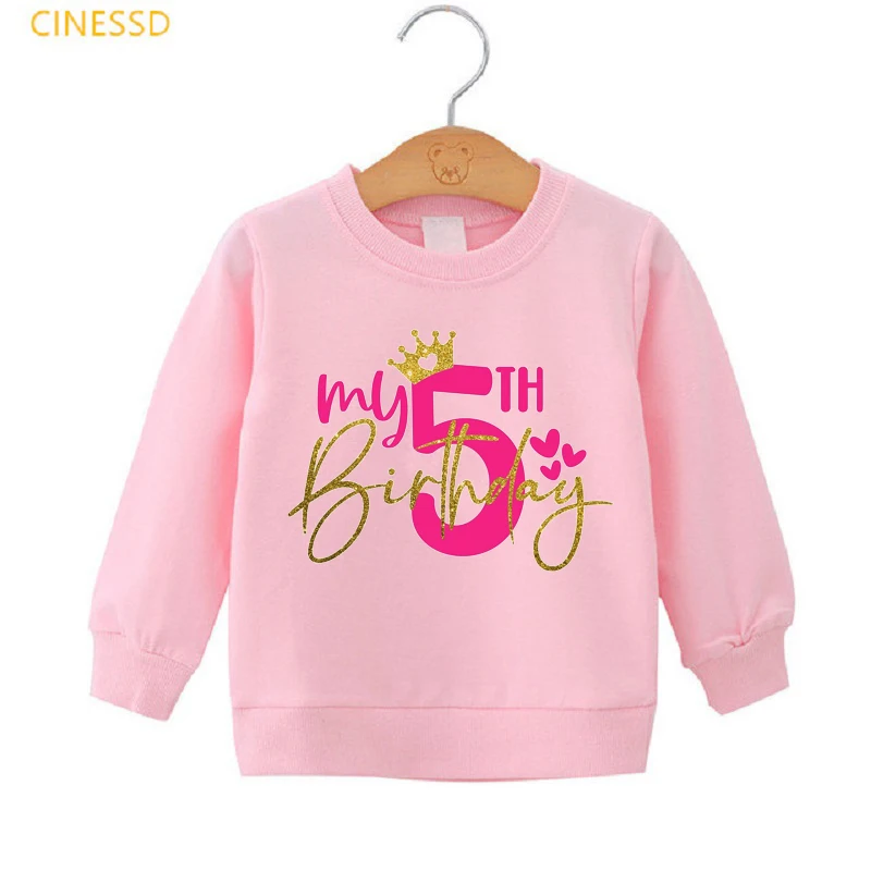 

Number 3-10 Golden Crown Print Sweatshirt Kids Girl Pink Pullover Lovely Children's Birthday Gift Graphic Fleece Jacket Plus Vel
