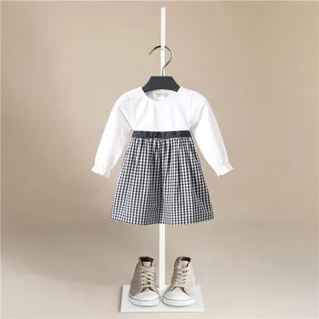 

Girls Dress 2020 New Autumn College Winds Style Girls Clothing Long Sleeve Lapel Lattice Pattern Children Kids Dress