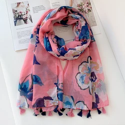 lady Autumn Cotton Viscose Tassel Shawl Luxury Pink Retro Floral Long Pashmina Wrap Sun Protection Summer Soft Shawl 180*90cm