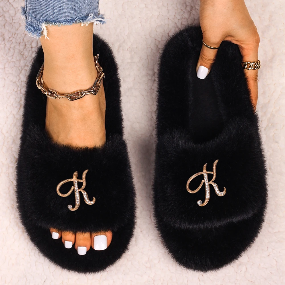 Slippers Women Furry Slides Fashion Rhinestone Letter Fluffy Flip Flops Ladies Winter Slippers Platform Sandals Female Shoes