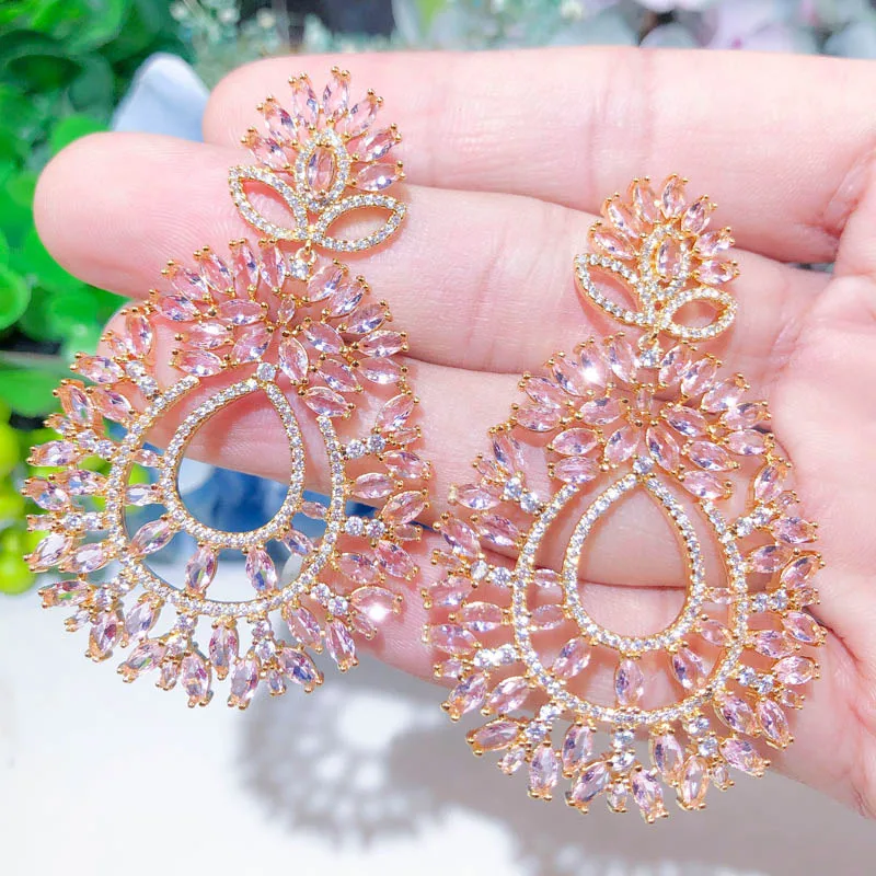 Pink sapphire CWWZircons Высокое Качество великолепные розовые сапфировые серебряные большие длинные висячие свадебные серьги для женщин модные брендовые ювелирные изделия CZ646 - Цвет камня: Pink sapphire