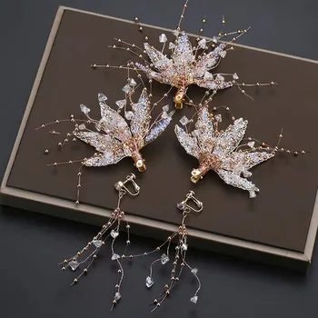 

Bride Headdress Super Shiny Sequin Maple Leaf Barrettes Korean Style Gold-Tone Handmade Crystal Side Clip Wedding Dress Marriage