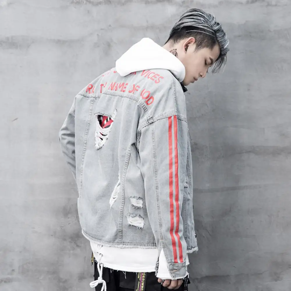 AELFRIC Hole Letter Printed Men Denim Jackets Harajuku Hip Hop Side Pipe Coat Fashion Streetwear Casual Male Vintage Long Sleeve