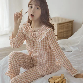 

Spring and Autumn New Style Pajamas WOMEN'S Long Sleeve Trousers Set Interleaving Cotton Silk Plaid Tracksuit-Outer Wear