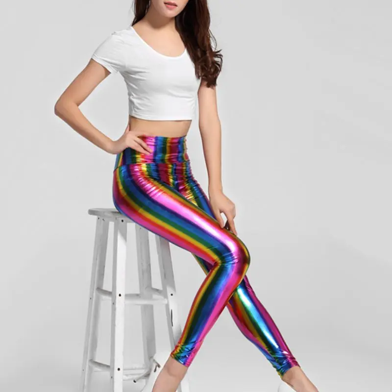 Womens Hologram Metallic Rainbow Leggings Glitter Neon Tights Stripes  Printed High Waist Yoga Pants Faux Leather Party Clubwear - AliExpress