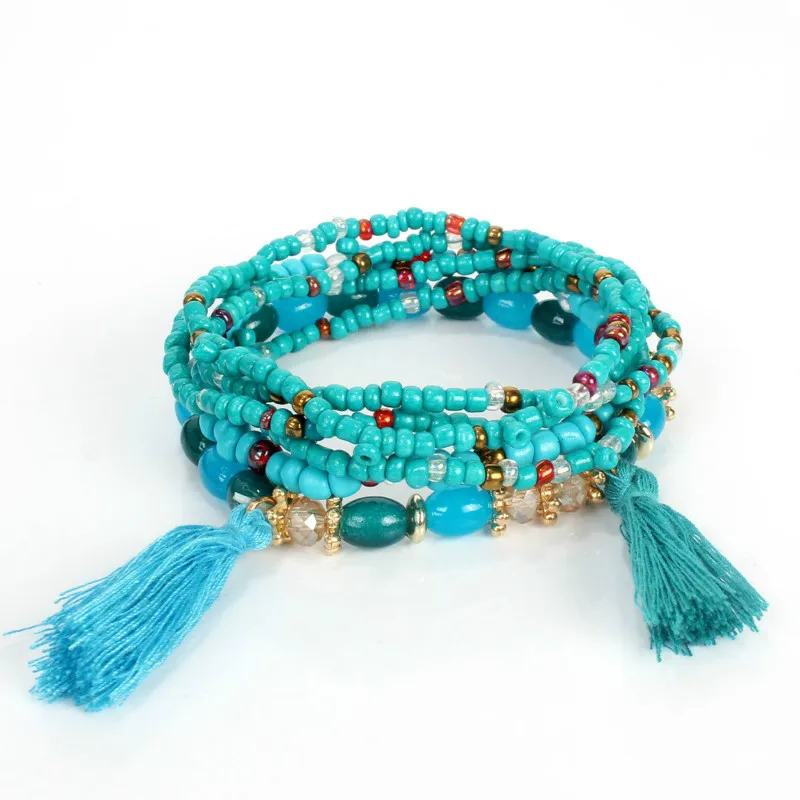 

2019 New Fashion Multilayer Beads Chain Bohemian Bracelet for Women Personality Ethnic Strand Tassel Elastic Bracelets Jewelry