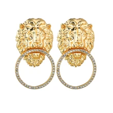 Hiasan Emas Perak Menjuntai Anting-Anting Berlebihan Desain Baru Lion Kepala Geometris Gaya Retro Kepribadian Anting-Anting Anting-Anting untuk Wanita(China)