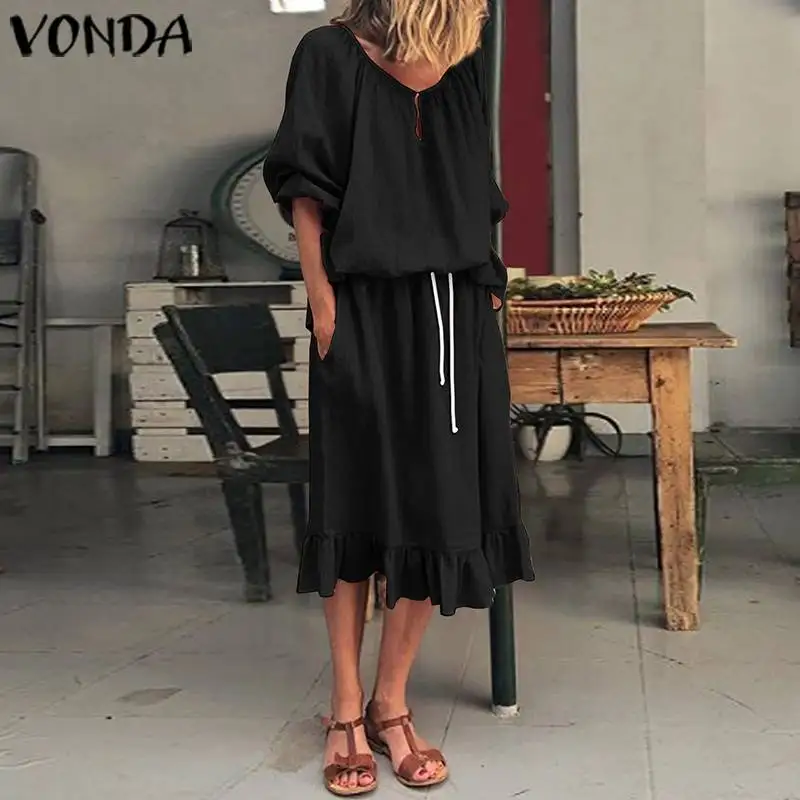 VONDA, Осеннее элегантное платье с длинным рукавом, женское сексуальное однотонное вечернее платье с круглым вырезом размера плюс, богемное длинное платье