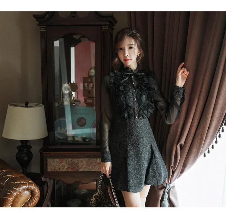 H Han queen, Модный комплект из двух предметов, новинка года, корейский OL, элегантный, в стиле пэчворк, сексуальный, прозрачные блузки и юбка трапециевидной формы с высокой талией