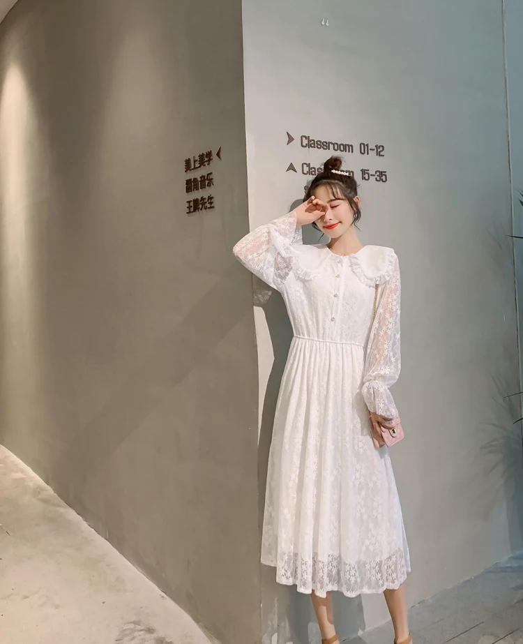 Spring Autumn Maternity Clothes Large Size Long Flare Sleeve Peter Pan Collar Pregnant Women Lace Dress Sweet Empire Dress