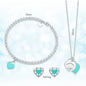 

Sterling Silver 925 Classic Fashion Exclusive Blue Enamel Heart Shaped Lady Necklace Set Holiday Gift