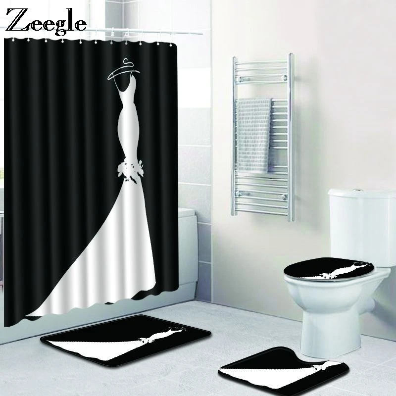 4Pcs Bath Mat Set Waterproof Curtain Anti Slip Bathroom Doormat Shower Mat Absorbent Toilet Pedestal Rug Washable Toilet Set