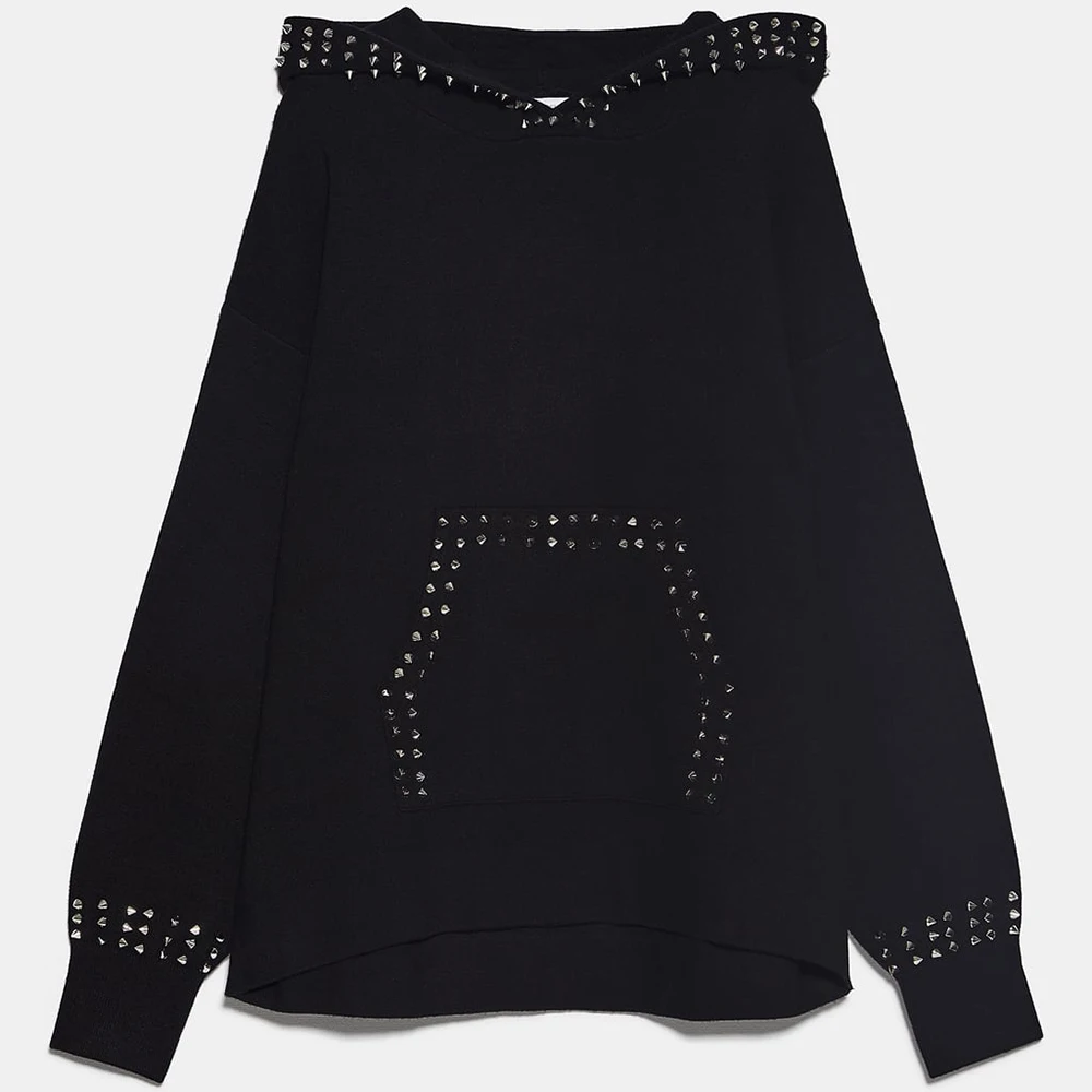 Black ZA Winter Knit Women's Sweatshirt Top Rivet Decorated Long-sleeved Hooded Standing Collar Splice Metal Laced Sweatshirt - Цвет: Black