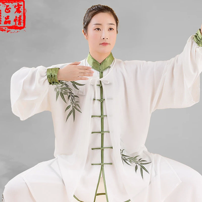 2Pcs Chinese Triditional Tai Chi Set Wushu Kungfu Classical Practice Clothes Performance Bamboo Plum Embroidery Buckle Unisex