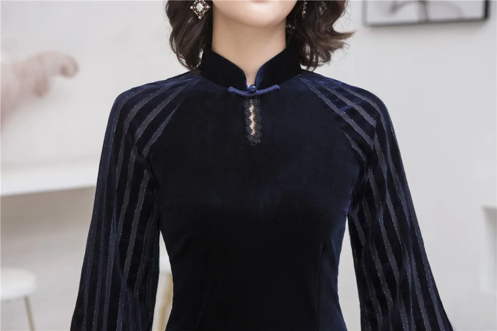 Шанхай история с длинным рукавом велюр сплит-соединение Cheongsam по колено Qipao темно-синий