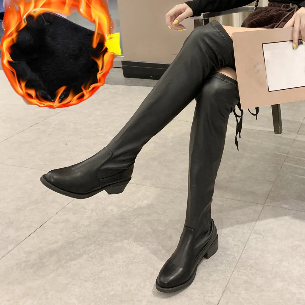 

Winter Women's PU Boots Long tube Over-the-knee High Bootie Lace-Up Cowboy Warm Shoes Zapatos De Mujer Mujer Winter Boots Women