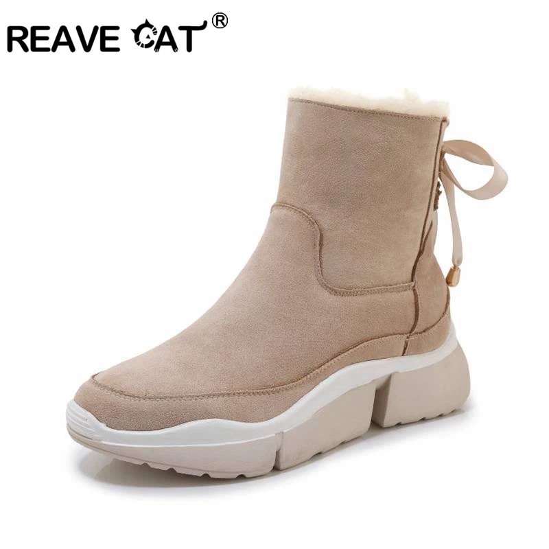REAVE CAT/женские сапоги до середины икры из натуральной кожи с мехом и шерстью; теплые зимние сапоги из замши с круглым носком на платформе; Размеры 35-39