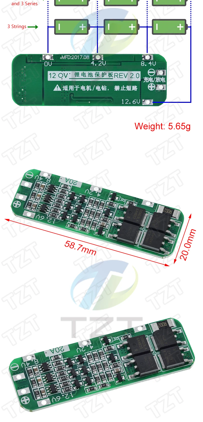 1/2/4 Stück 3S 20A Li-Ionen-Lithium-Akku 18650 Ladegerät PCB BMS Schutzplatine für Bohrmotor 12,6V Lipo-Zellenmodul 64x20x3,4mm – Detail 5