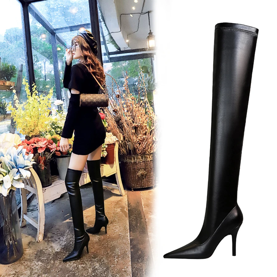 Botas Altas elásticas para mujer, por encima de la rodilla, tacón de aguja de 9,5 cm, Botas largas de cuero, Otoño e Invierno|Botas sobre la rodilla| - AliExpress