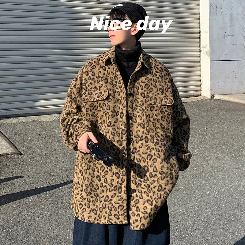 

2020 Men's Leopard Printing Woolen Coats Male Streetwear Bomber Jacket Fashion Trend Clothes Grey/brown Loose Outerwear M-2XL