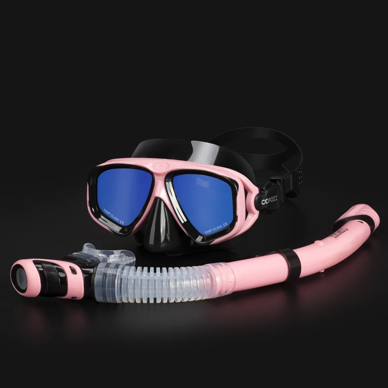 Mirrored pink set Copozz профессиональный Дайвинг Маска для подводного плавания, ныряния с дыхательной трубкой Анти-туман очки трубочка с очками для напитков комплект Для мужчин Для женщин силиконовый снаряжение для бассейна - Цвет: Mirrored pink set