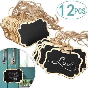 

12pcs Creative Mini With Hanging Rope Wooden Blackboard Erasable Chalkboard Wordpad Message Black Board Office School Supplies