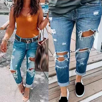 

Hot Hole Jeans Spring Ripped Jeans Personalized Lady Jeans Pencil Pants Ankle Length Slim Skinny Casual Summer Jeans Cloth Woman