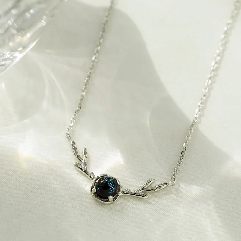 

Blue Crystal All the Way to Have You Antlers Necklace S925 Quintana Fine Silver Christmas Elk Antlers Choker 7942