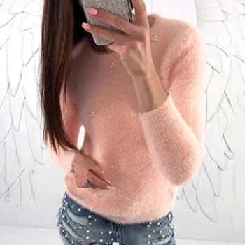 

Women Autumn Winter Warm Pullovers Bead Plush Knitted Sweaters Female Pink O-neck Beaded Sweater Female Jumper
