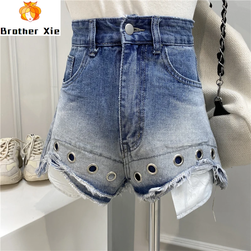 

Hollow Out Circle Flash Shorts Women Jean Shorts 2020 Summer New Style High Waist Wide-Leg Jeans Denim Hot Pants Ladies Clothes