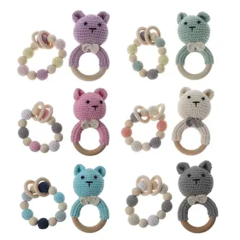 

Baby Wooden Teether Bracelet Set Crochet Animal Teething Rattle Ring Chewing Toy