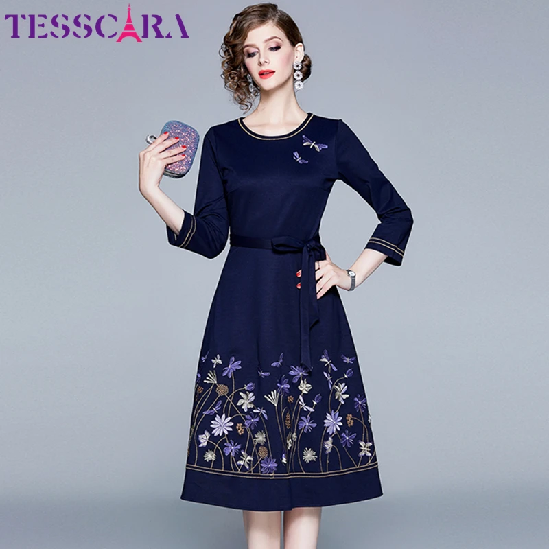 TESSCARA, женское осенне-зимнее элегантное платье с вышивкой, женские офисные вечерние платья, женские дизайнерские высококачественные Длинные повседневные платья