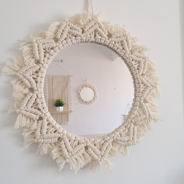 Decor Macrame Mirror Handmade Tapestry Makeup Mirror Compact Bohemia Decoration Home Bedroom Decorative Mirrors Wall Mirror