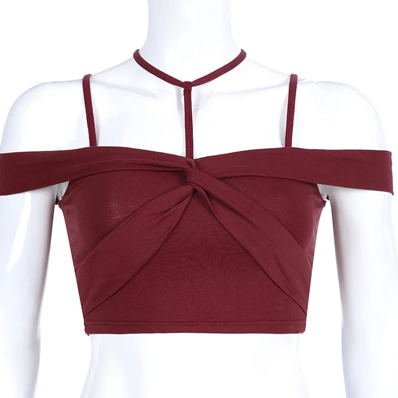 wine red Сексуальный Холтер ремень крест воротник топ с сплошной цвет без рукавов тощий - Color: wine red