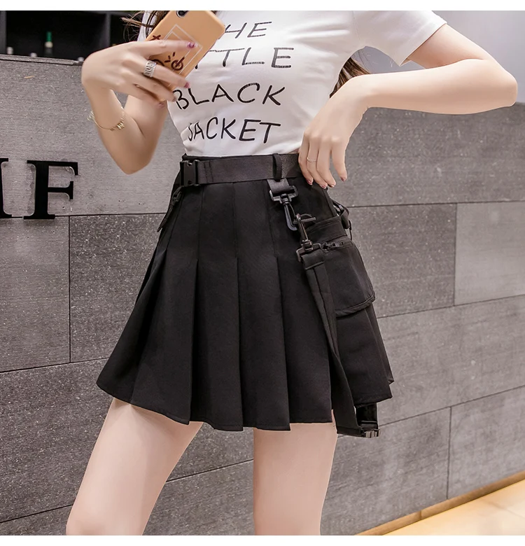 Women Skirts Sexy Gothic Harajuku Short Skirts Casual Black White Grey Sashes Fashion Pleated Skirts Punk Mini Skirt Vintage