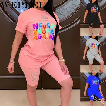 

WEPBEL Women Sport Suit Women Clothes Sets Casual Short Letter Print Shirt + Skinny Ripped Shorts Tracksuits Two Piece Set