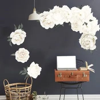 

Peony Rose Flowers Wall Stickers White Vintage Wallpaper For Bedroom Living Room Decals Mural Home Decor Kid Girls Gift