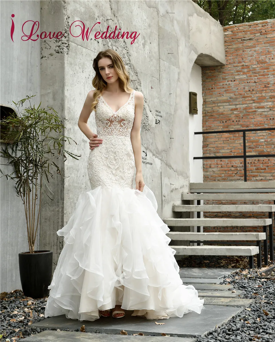 Vestidos de novia сексуальное свадебное платье русалки с v-образным вырезом и кружевной аппликацией и оборками, роскошное свадебное платье с v-образным вырезом на спине